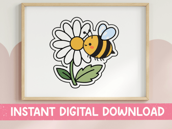 Bee on Daisy Kawaii Sticker: A Cheerful Design Asset